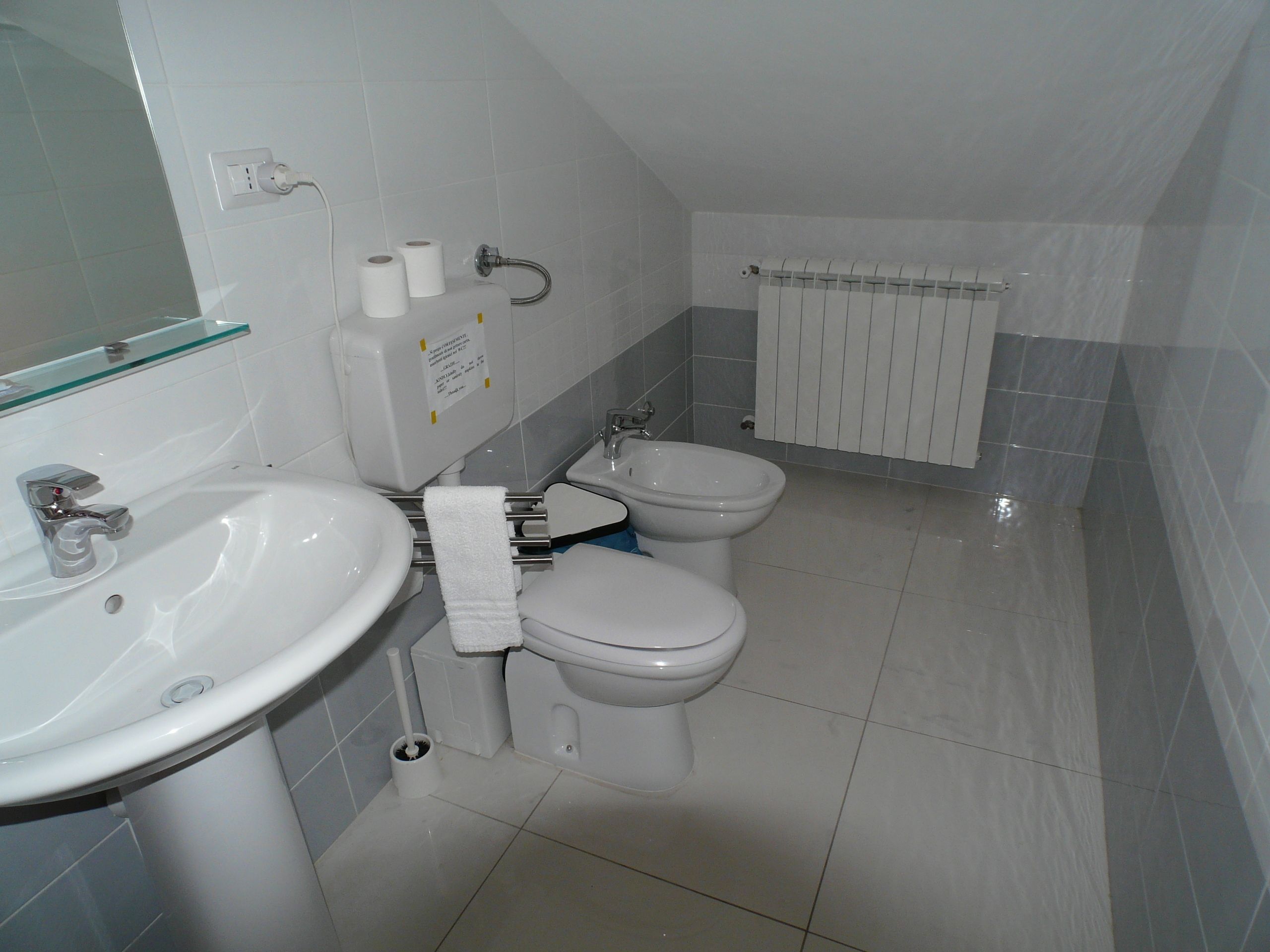 A bathroom with a sink, toilet, bidet, and a glass shelf above the sink.