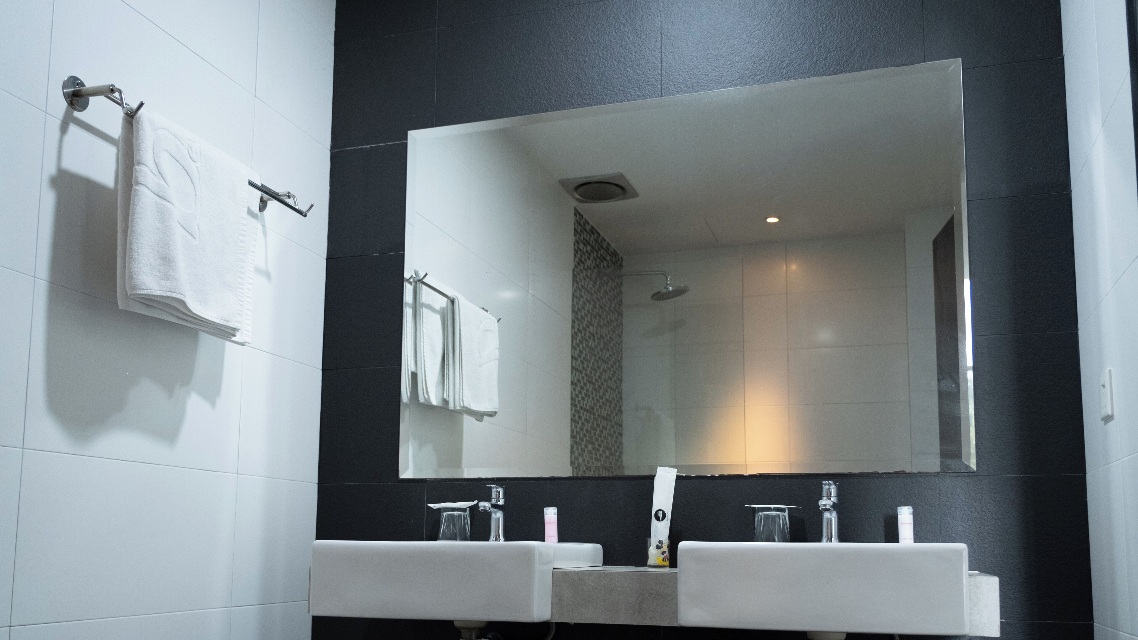 Un baño moderno con dos lavamanos, un espejo grande y una ducha.