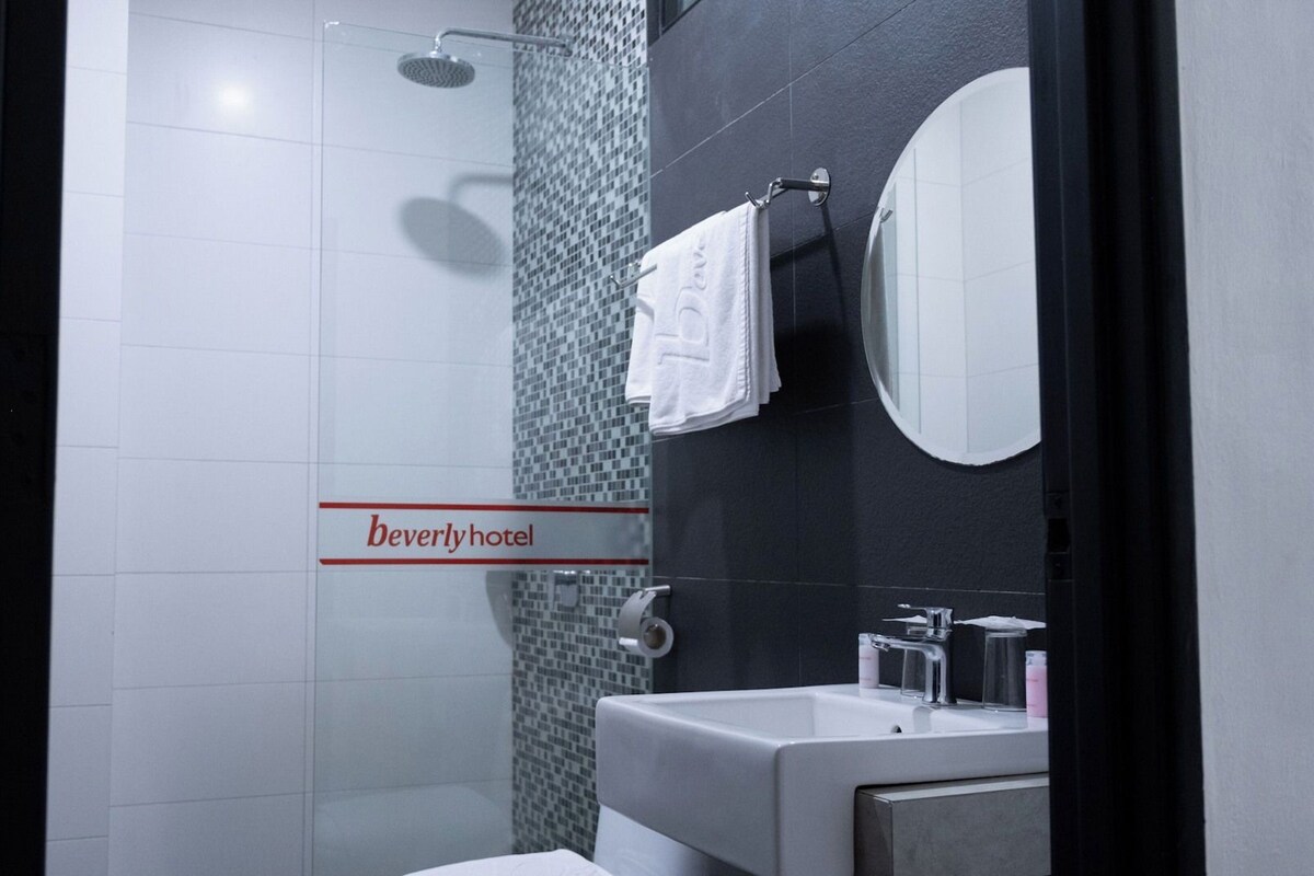 Bathroom | Shower, rainfall showerhead, hair dryer, bidet