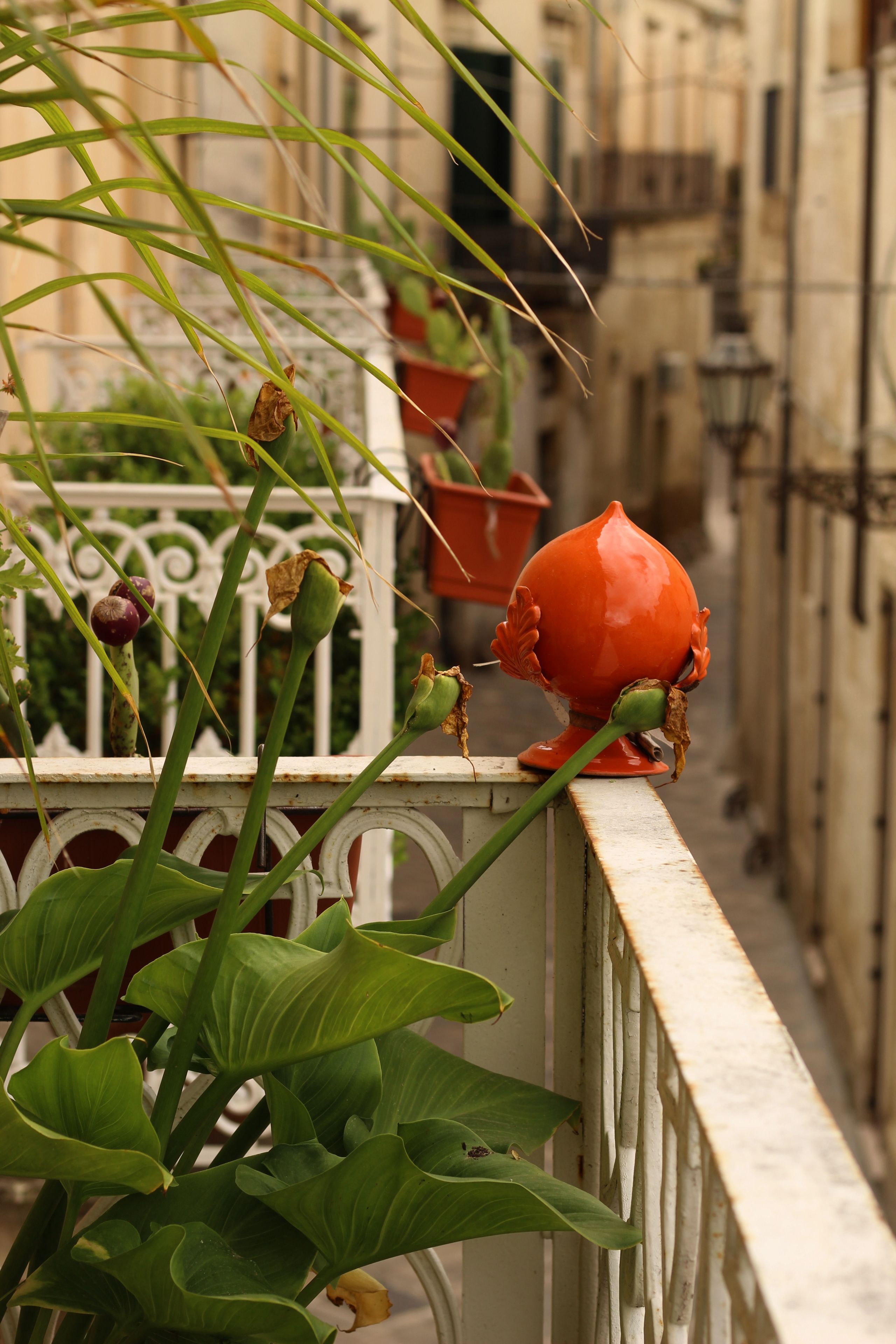 A balcony with a railing, potted plants, and a building in the background.