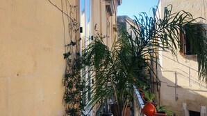 Eine enge Straße mit Gebäuden an beiden Seiten, mit Balkonen, die mit Blumentöpfen und einem schmiedeeisernen Tor geschmückt sind.