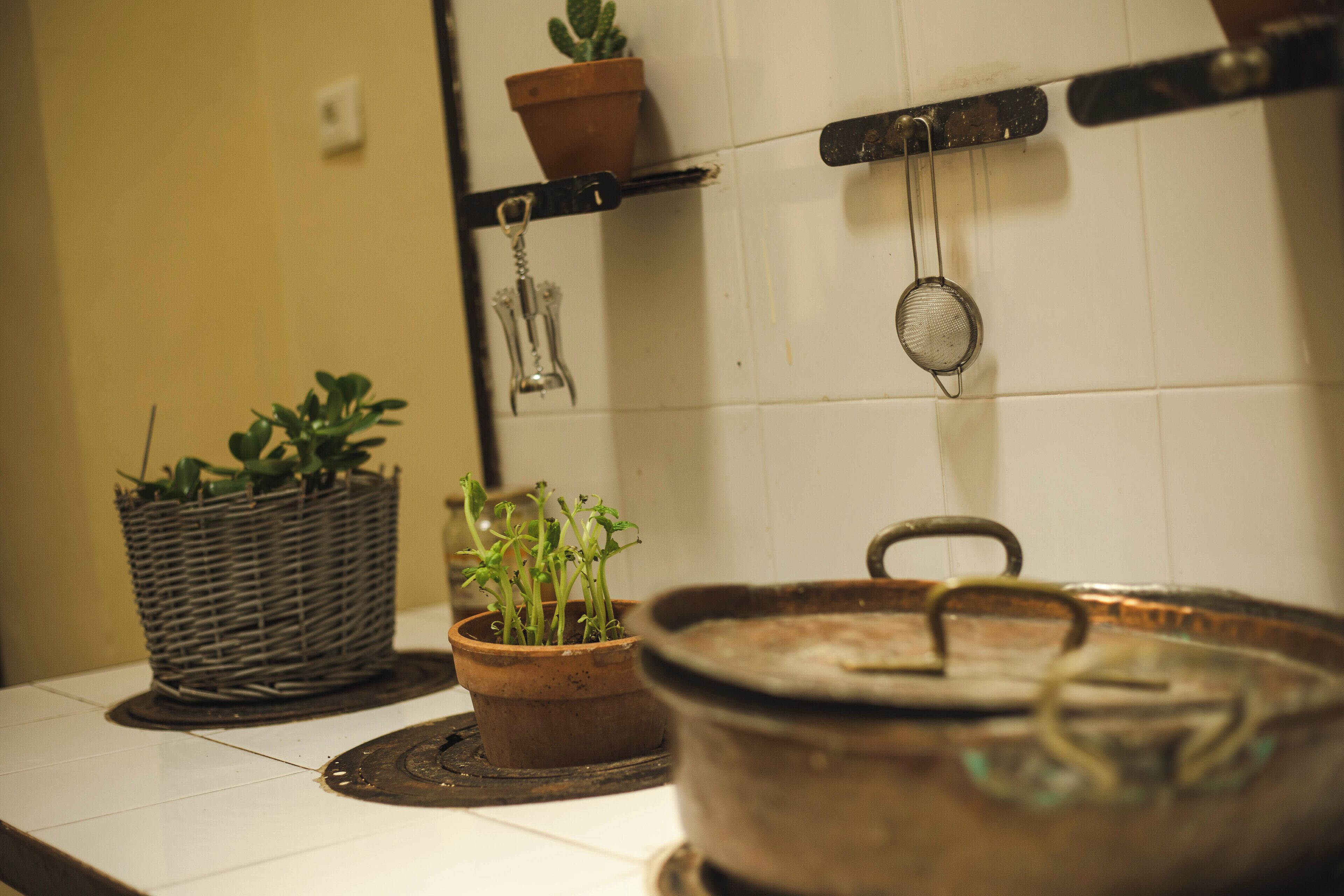 En køkkenbordplade med en fletkurv, en terracotta-potte med planter og en metalpotte.