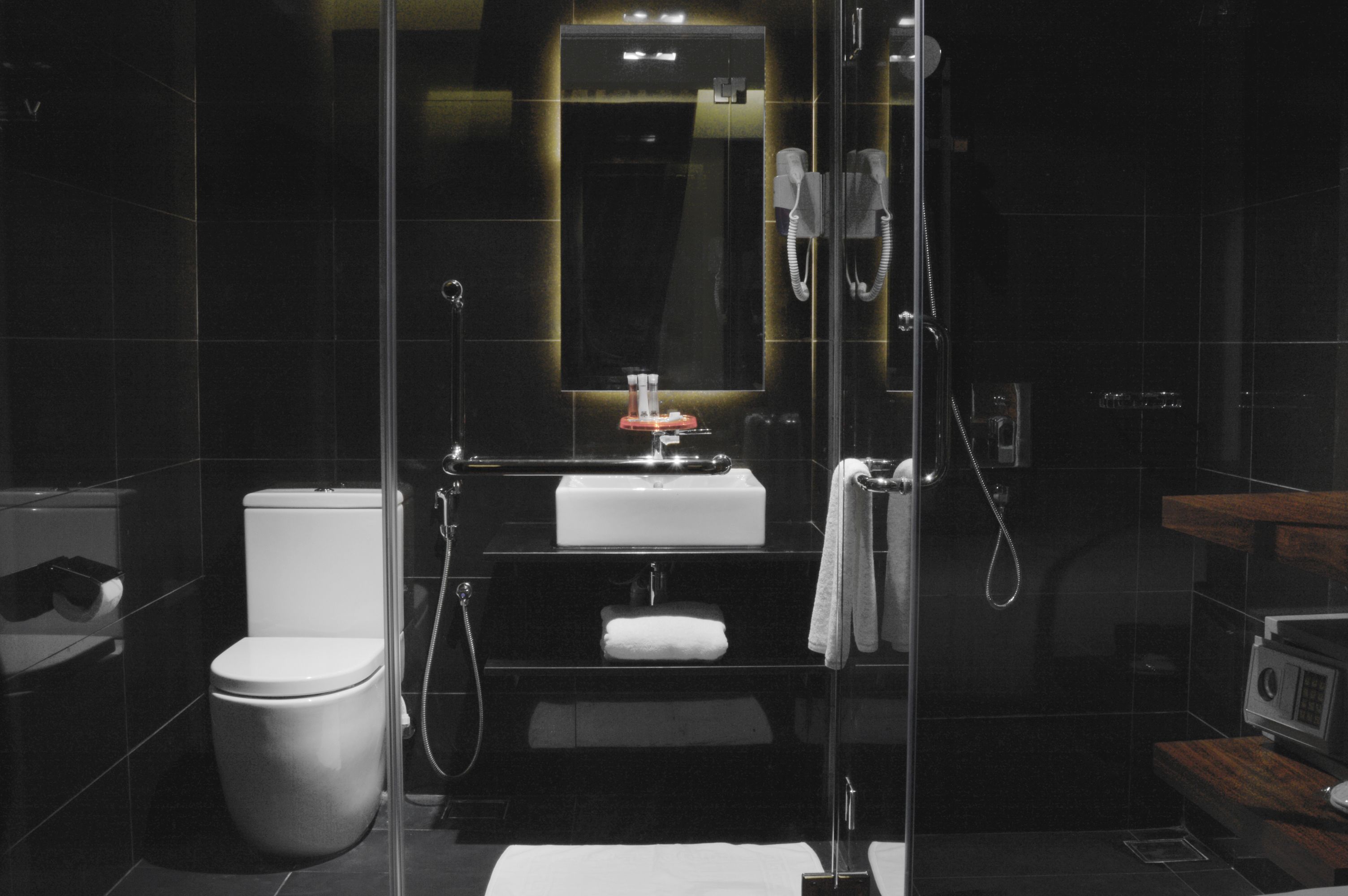 shower, rainfall showerhead, free toiletries, hair dryer