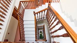 A wooden staircase with a handrail, leading to a landing with a small plant.