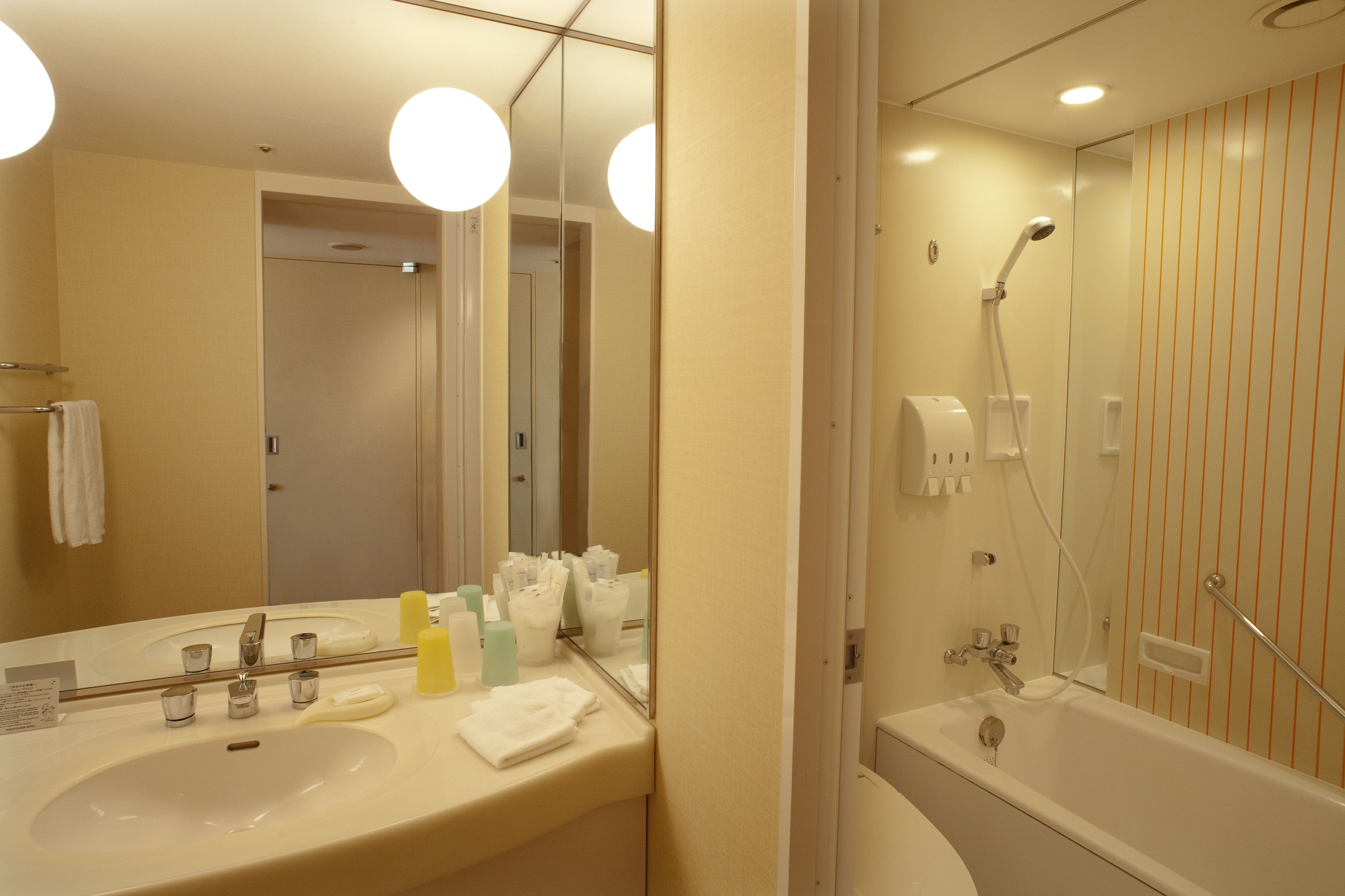 combined shower/bathtub, free toiletries, hair dryer, slippers