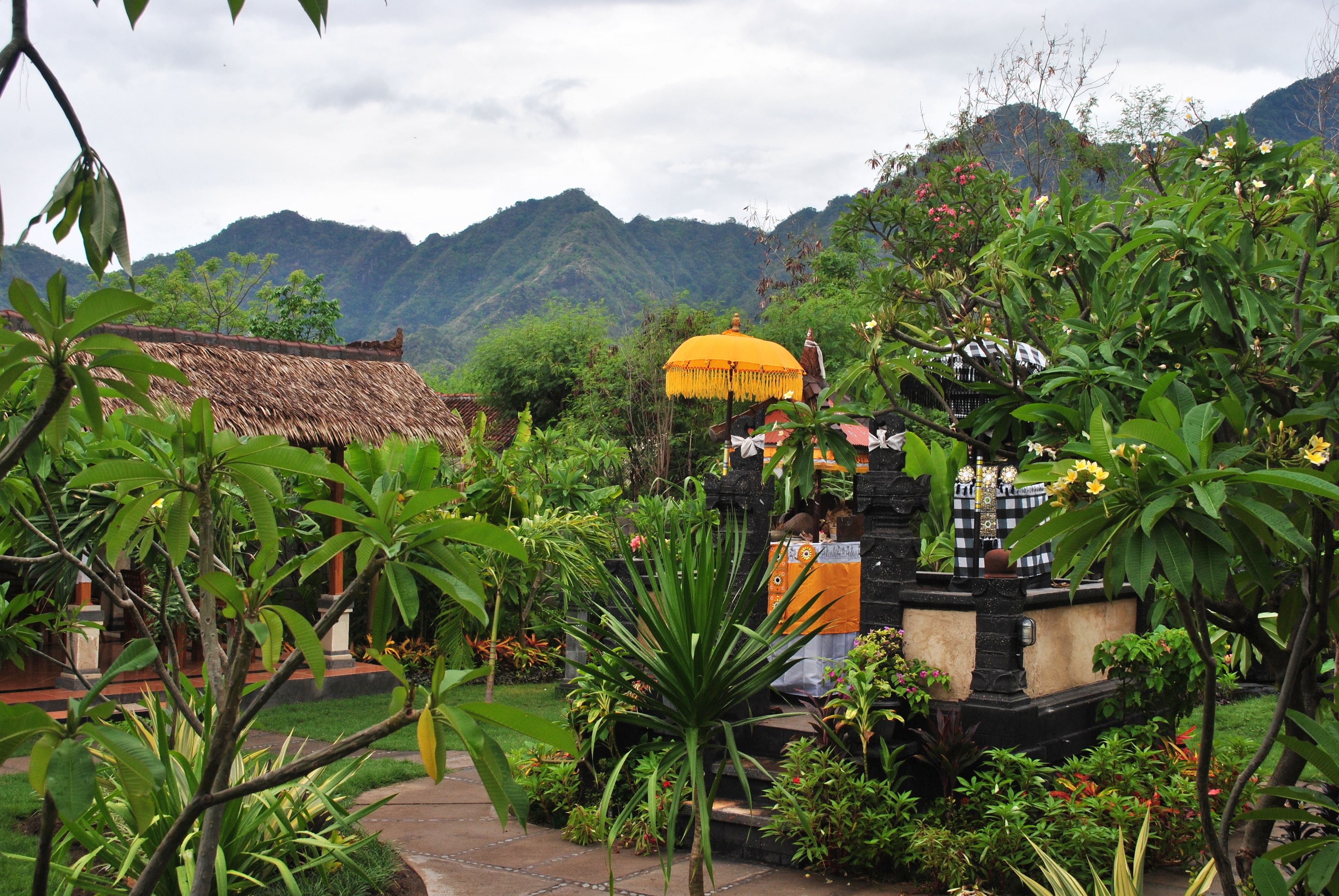 A traditional building with a thatched roof, surrounded by lush greenery and a mountainous backdrop.