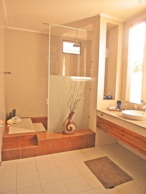 Separate bathtub and shower, free toiletries, hair dryer, towels