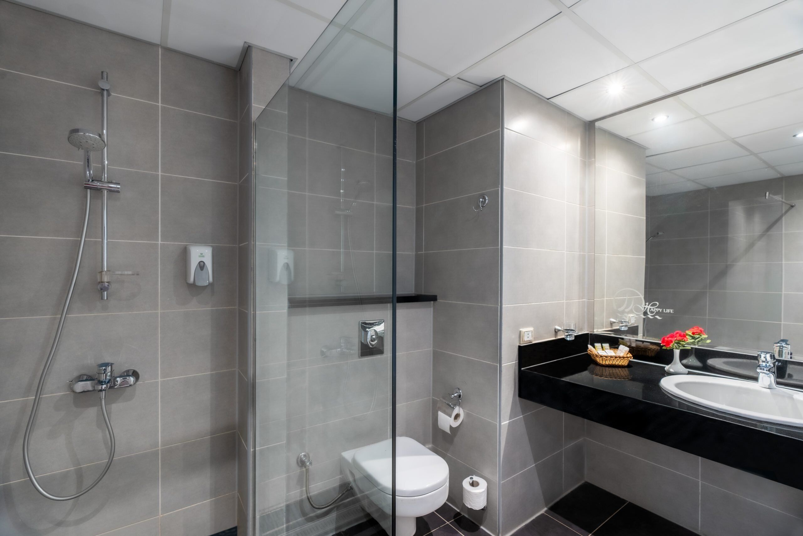 A modern bathroom with a glass-enclosed shower, a toilet, and a sink with a black countertop.