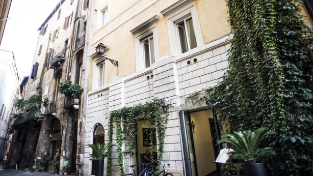 A narrow street with buildings covered in ivy, featuring a bicycle parked outside a building with a door and a window. - CancelleriaDieci (Rome)