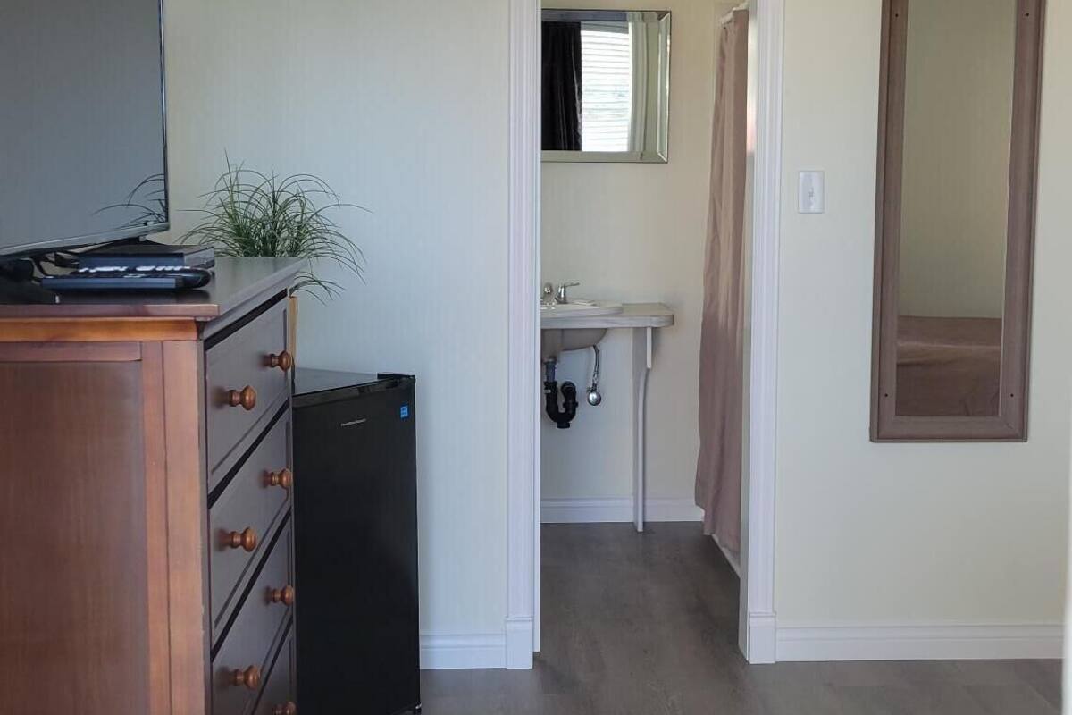 Una habitación con un aparador de madera, un televisor, un pequeño electrodoméstico negro, un baño con lavamanos y espejo, y piso de madera.