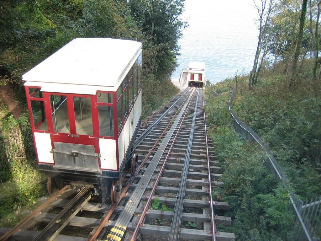 A train ascending a steep railway track surrounded by dense greenery.
