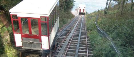 A train ascending a steep railway track surrounded by dense greenery.