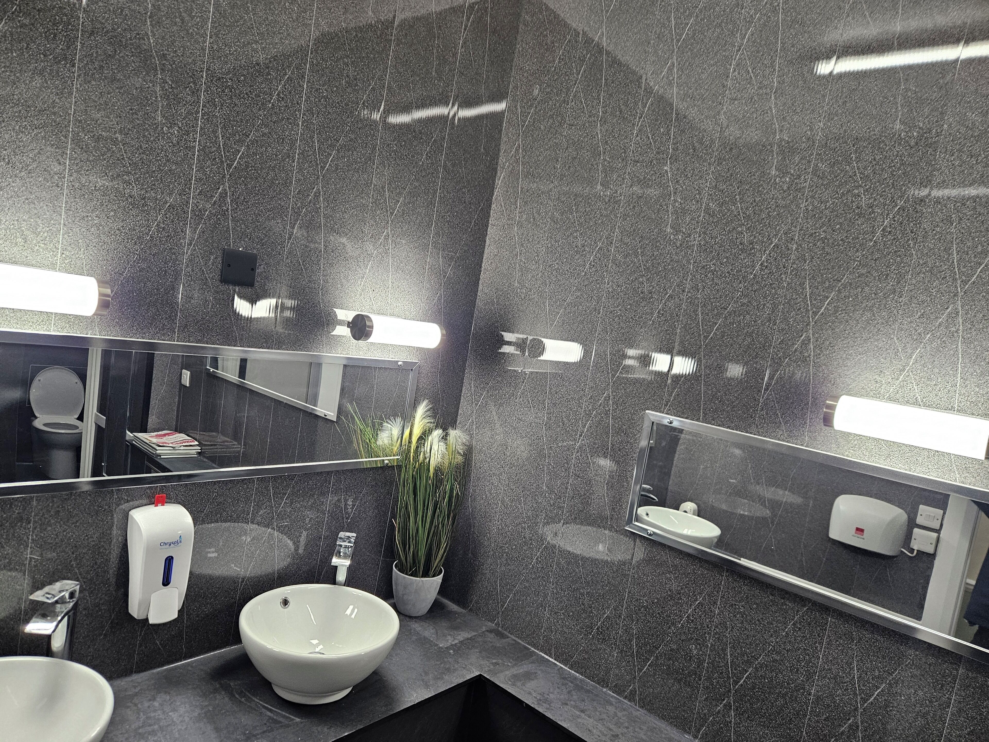 Un baño moderno con un espejo grande, un lavamanos blanco, un secamanos y una planta en maceta.