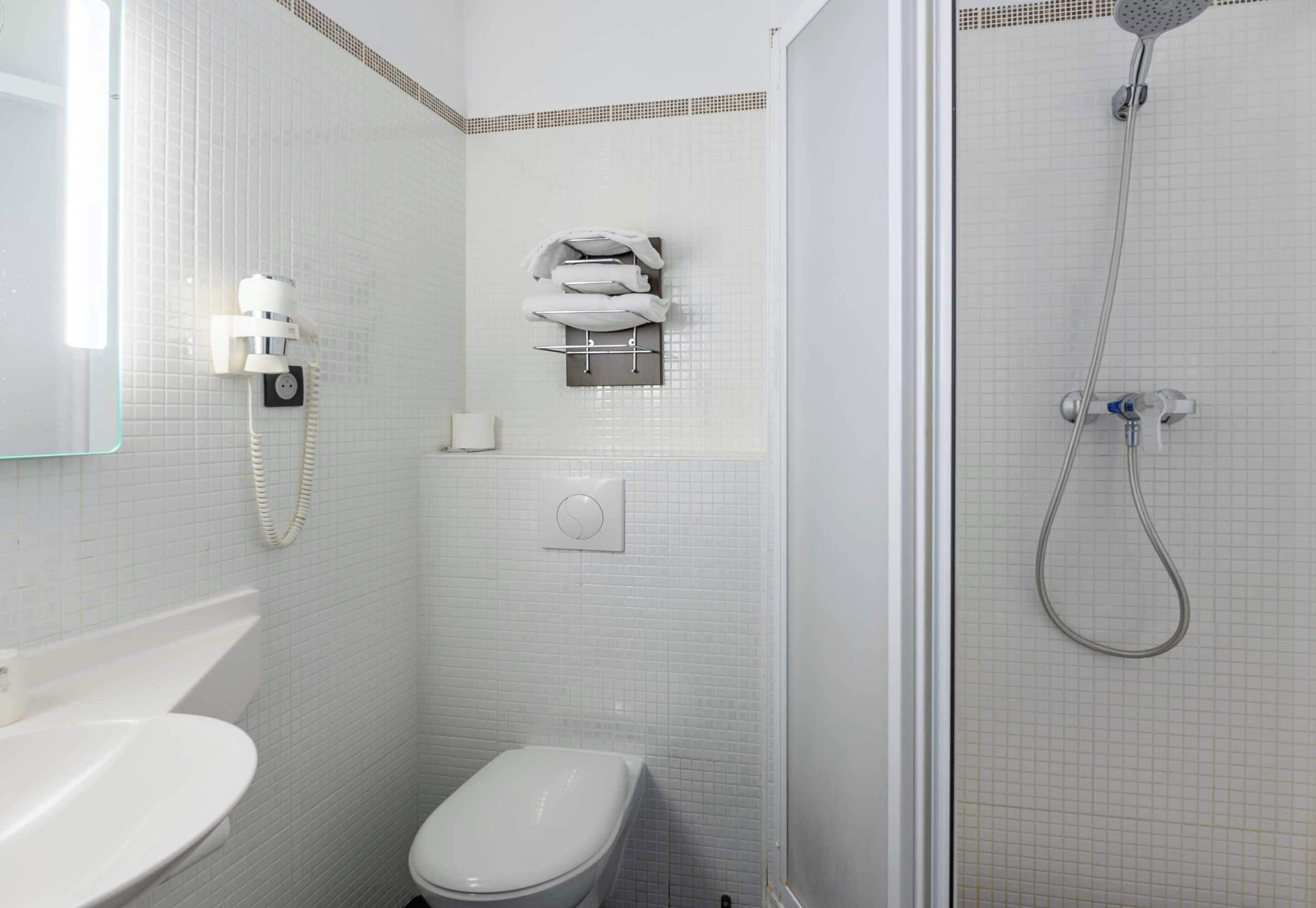 shower, eco-friendly toiletries, hair dryer, towels