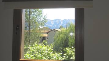 Una ventana con vistas a un paisaje montañoso y vegetación.