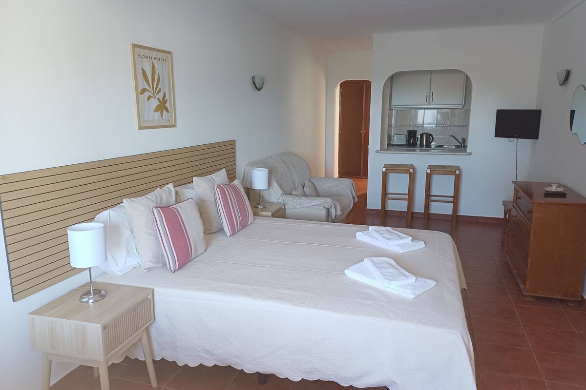 Habitación de hotel con una cama grande, una mesita de noche, una silla, una kitchenette pequeña y un televisor.