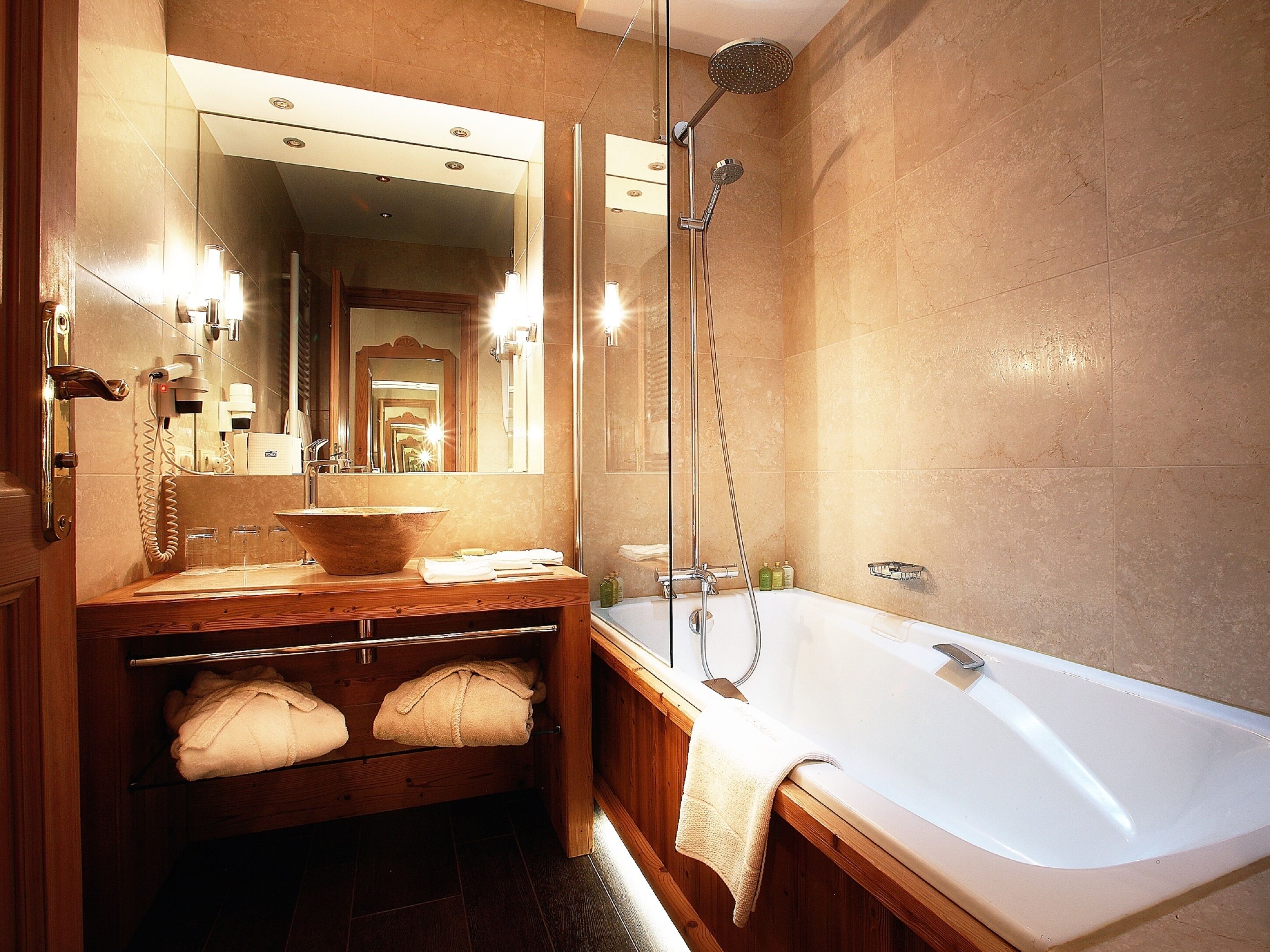 free toiletries, hair dryer, bathrobes, slippers