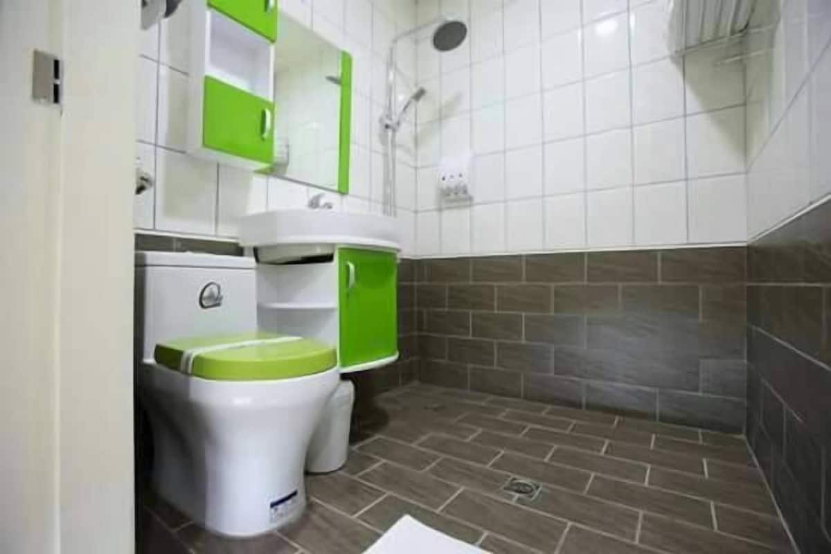 Un bany amb un lavabo blanc, vàter verd i blanc i plat de dutxa.