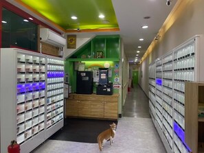 A hallway with vending machines, a wooden counter, and a cat. - Clover House (Taoyuan City)