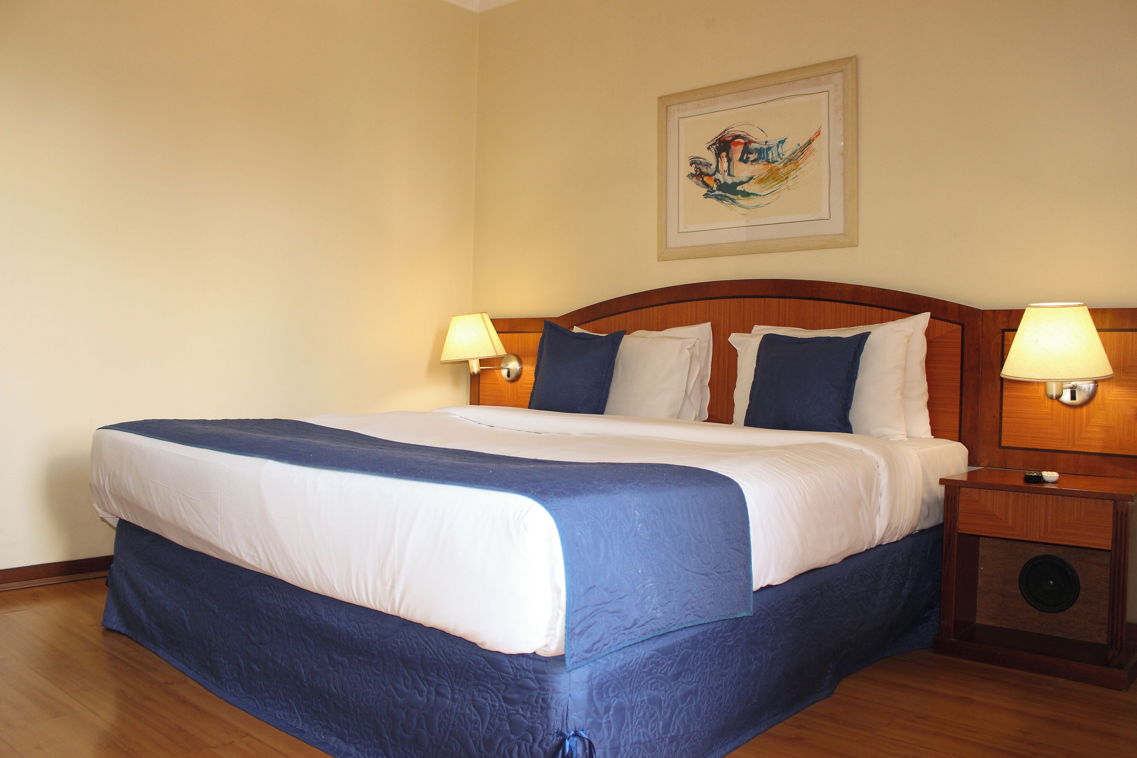 Una habitación de hotel con una cama grande, dos mesitas de noche con lámparas y un cuadro enmarcado en la pared.