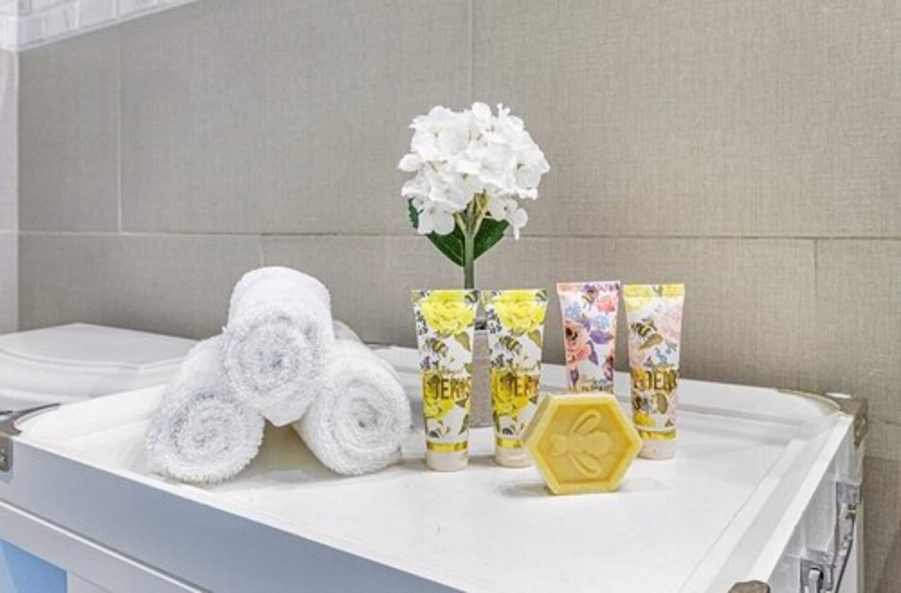 free toiletries, hair dryer, towels