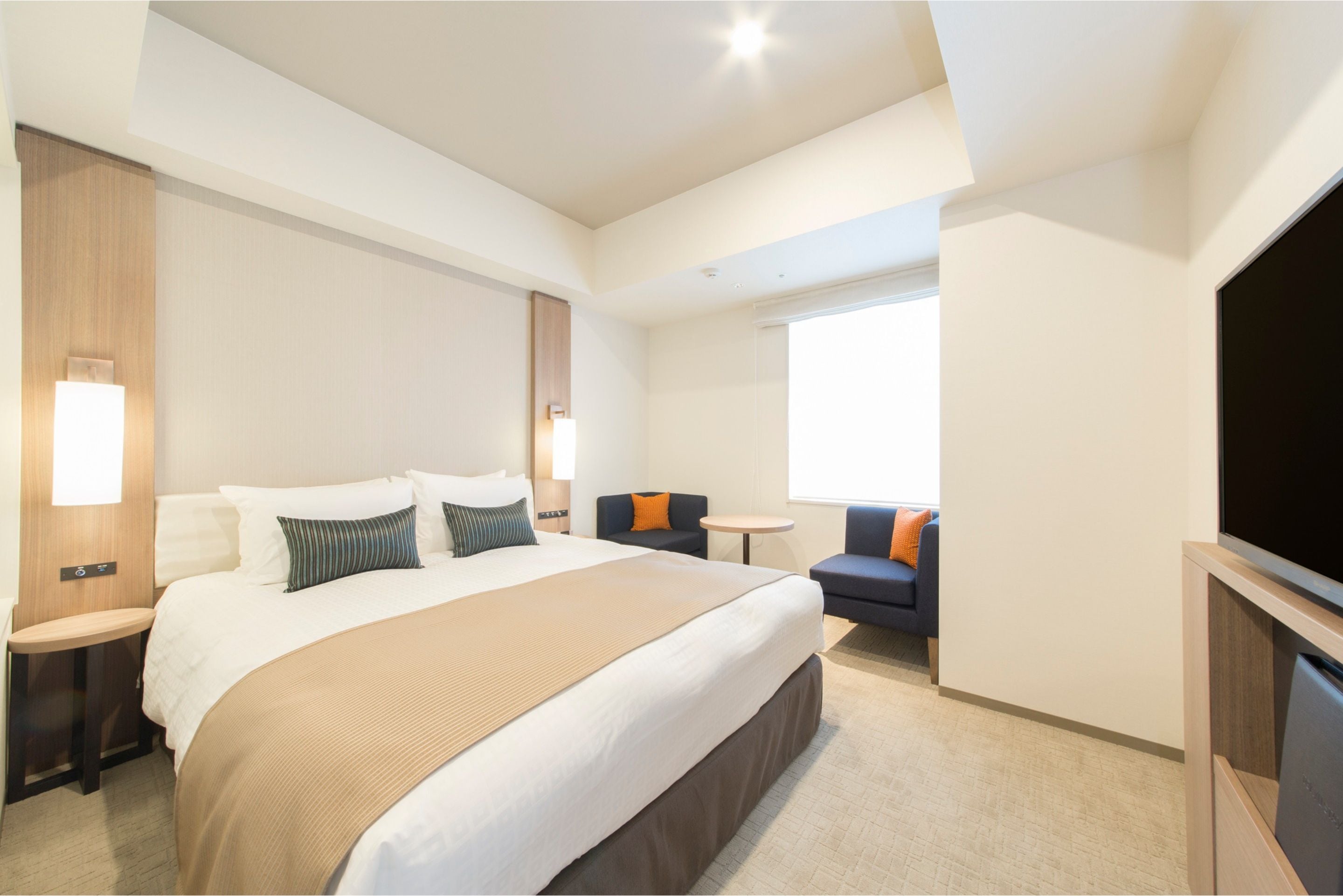 Una habitación de hotel con una cama grande, televisor, una mesita y un sofá.