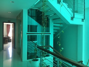 Un intérieur moderne avec un escalier, des rampes en verre et des plantes en pot.