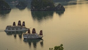 A river cruise ship with multiple decks and sails, surrounded by calm water and green islands.