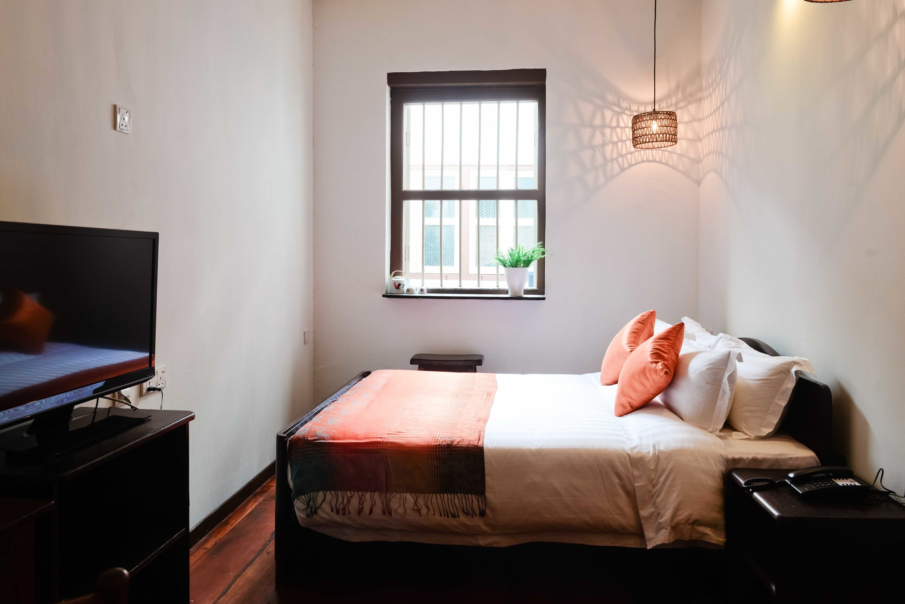 Ein Schlafzimmer mit Bett, Nachttisch, Fernseher und einem Fenster mit Pflanze.