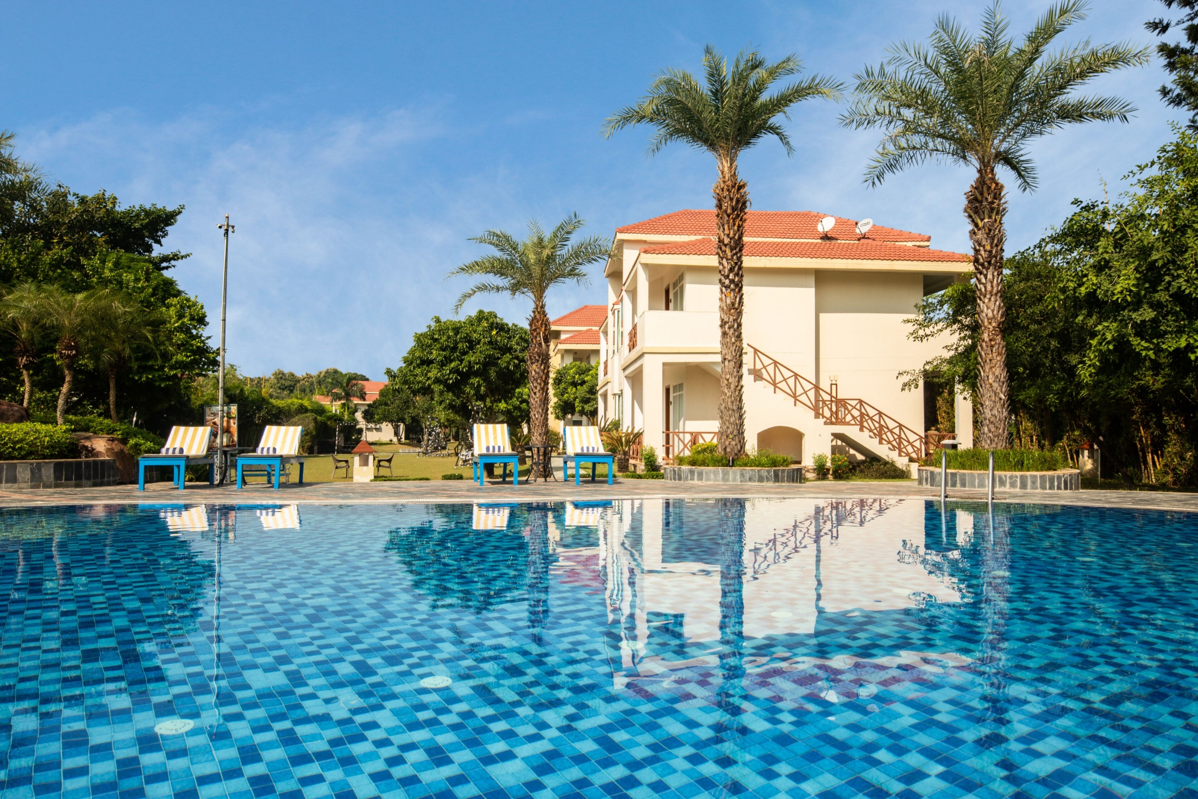 A swimming pool with blue checkered tiles, lounge chairs, palm trees, and a building with a red roof.