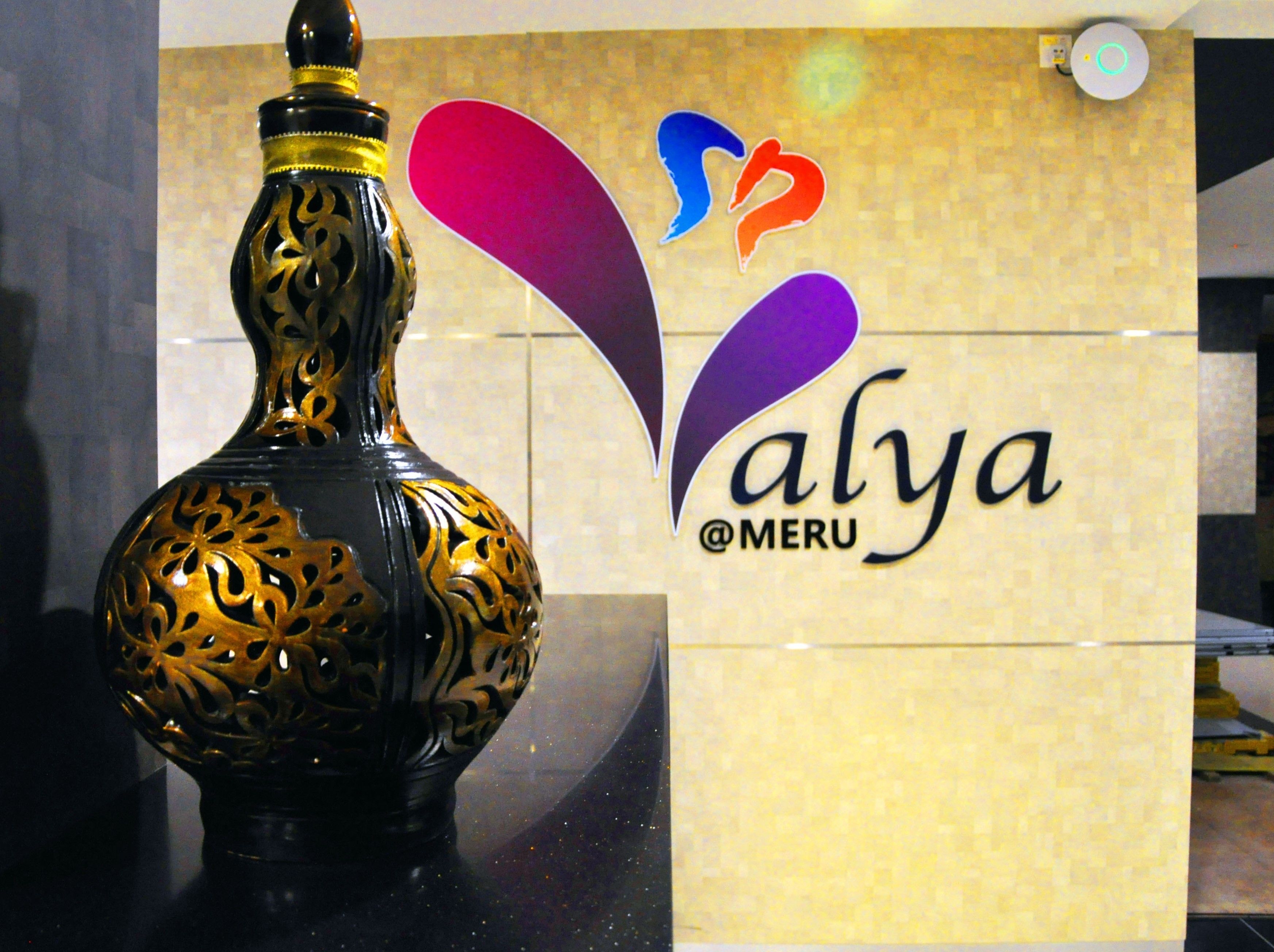 A decorative bottle with intricate patterns, a logo with stylized letters and a heart, and the text "Valya @ MERU" on a tiled wall.