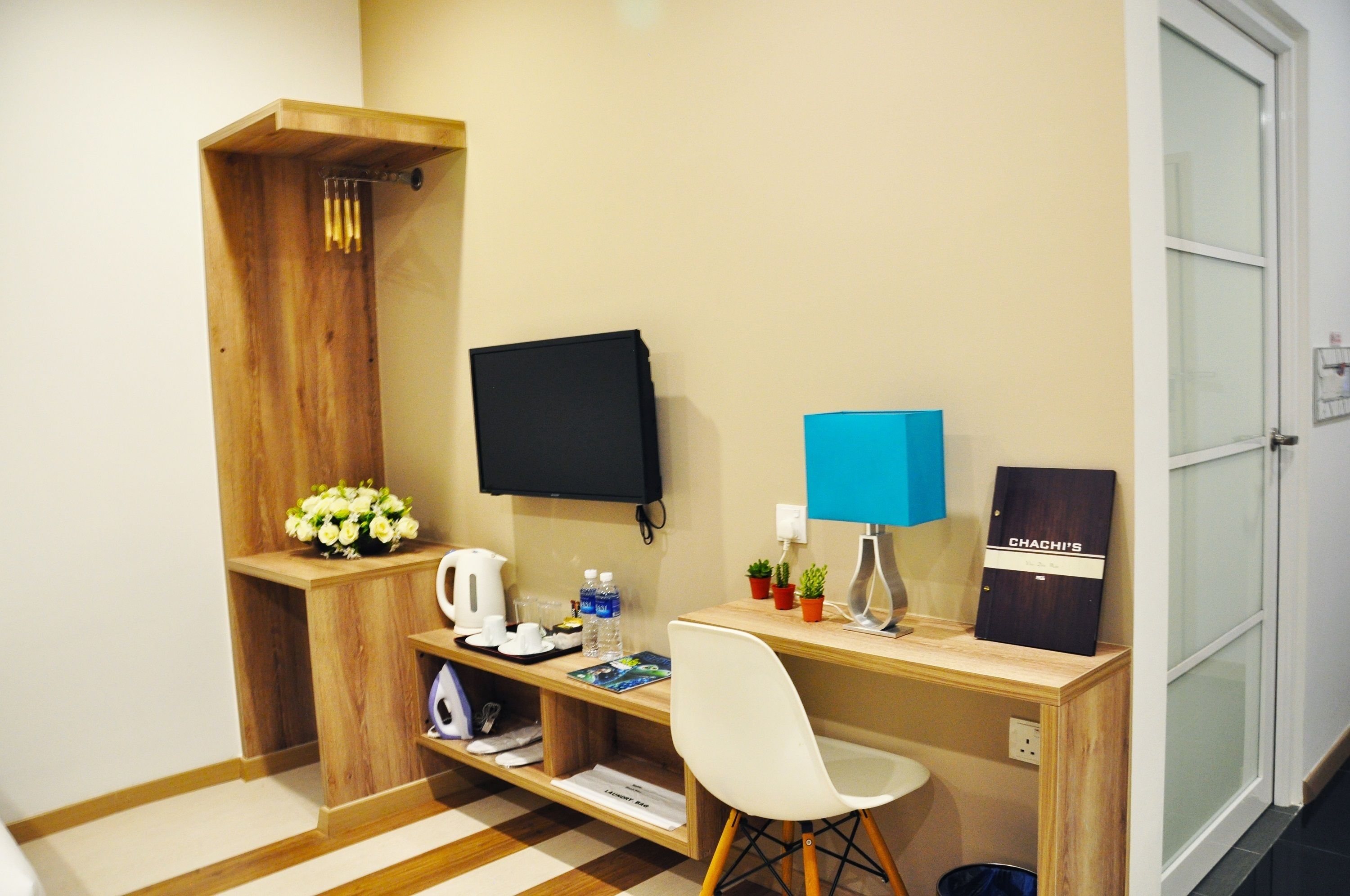 premium bedding, desk, blackout curtains, iron/ironing board