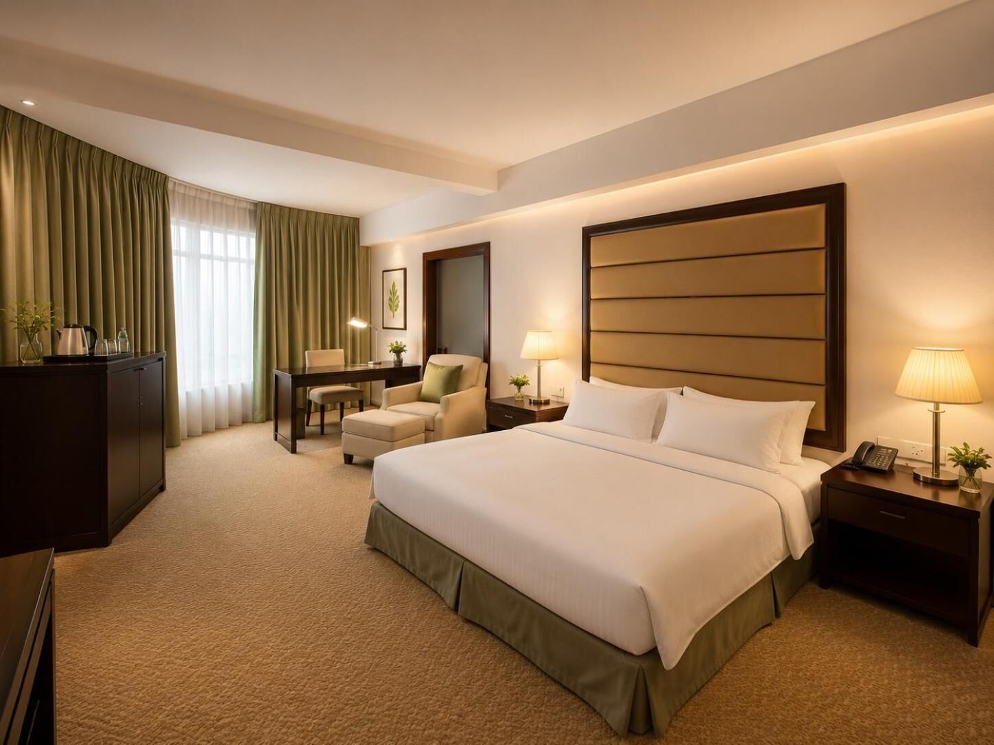 Habitación de hotel con una cama grande, un escritorio, una silla y una mesita de noche con lámpara.
