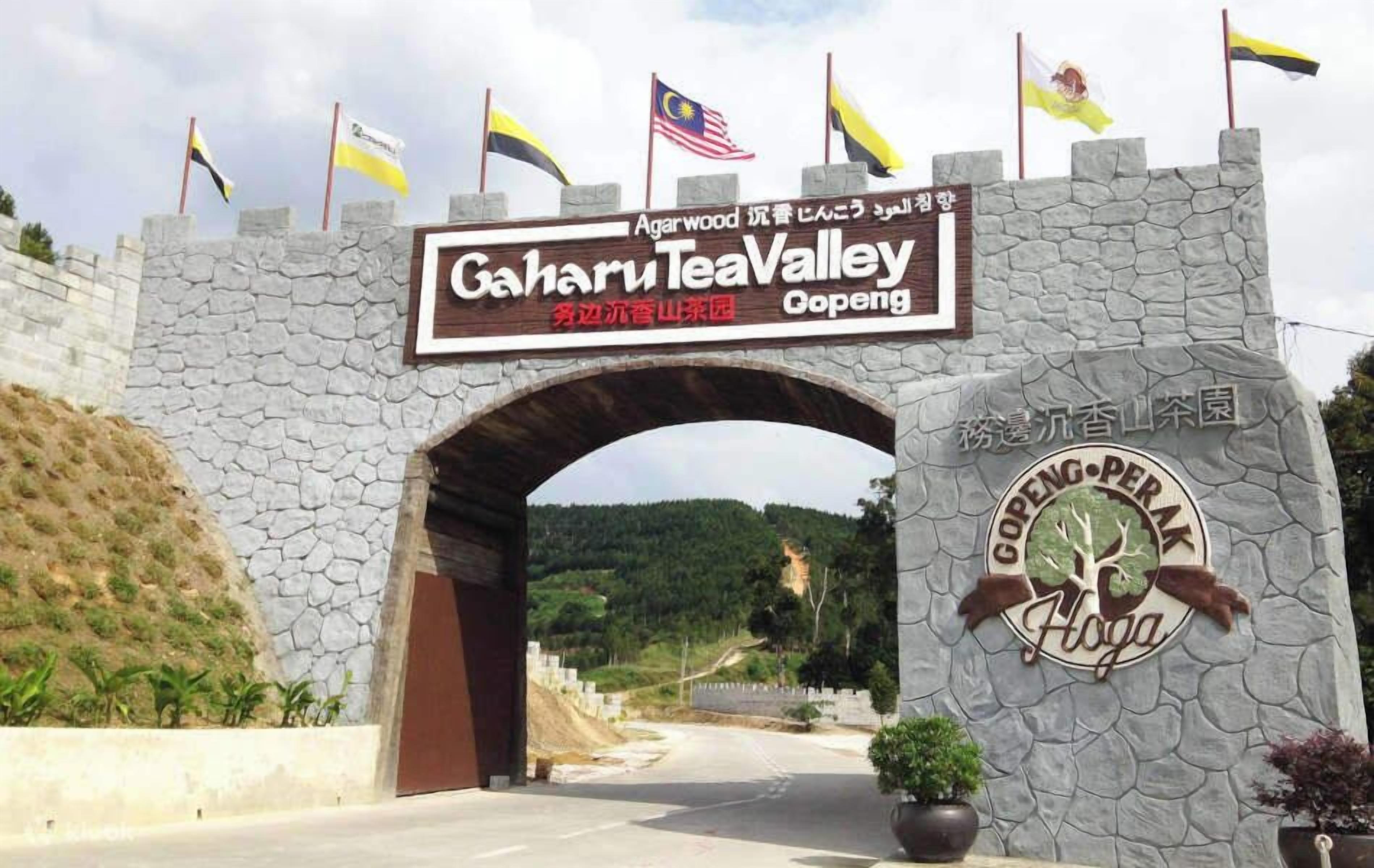 A stone archway entrance with flags and a sign for Gaharu Tea Valley in Gopegeng.