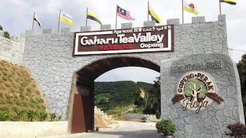 Una entrada con arco de piedra, banderas y un letrero que indica el Valle del Té Gaharu en Gopegeng.