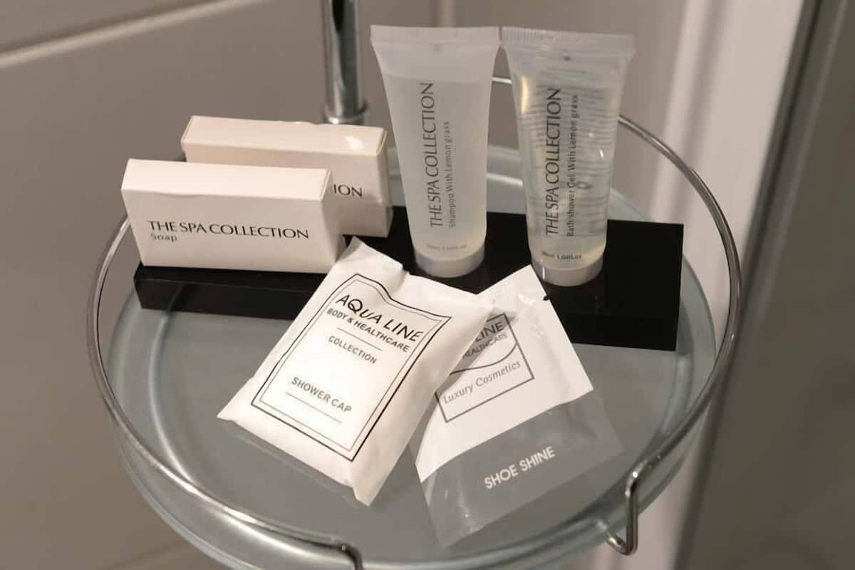 shower, free toiletries, hair dryer, towels