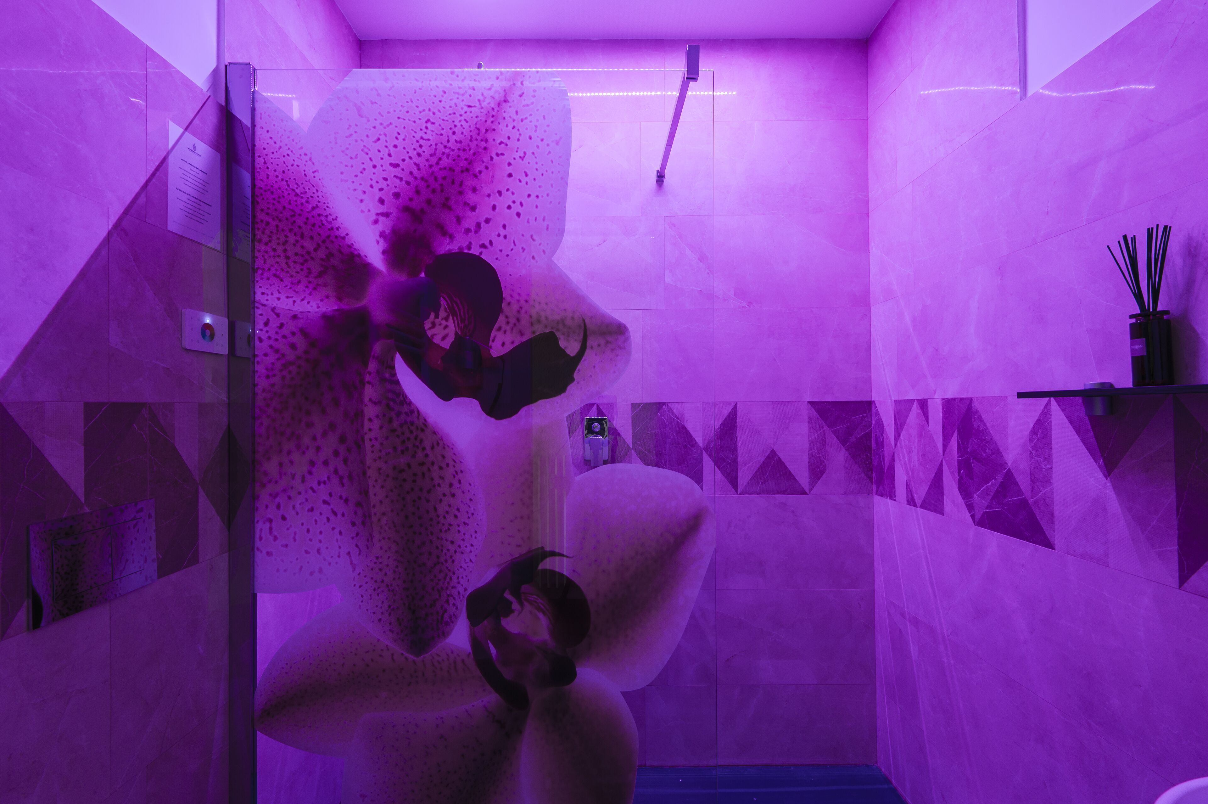 Moderni kylpyhuone, jossa on geometriset kuviot laatoissa, lasinen suihkuseinä ja pieni hylly, jossa on hygieniatuotteita.