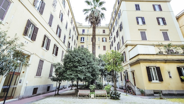 A courtyard with a palm tree, benches, and a building with multiple windows and balconies. - New Design St. Peter (Rome)