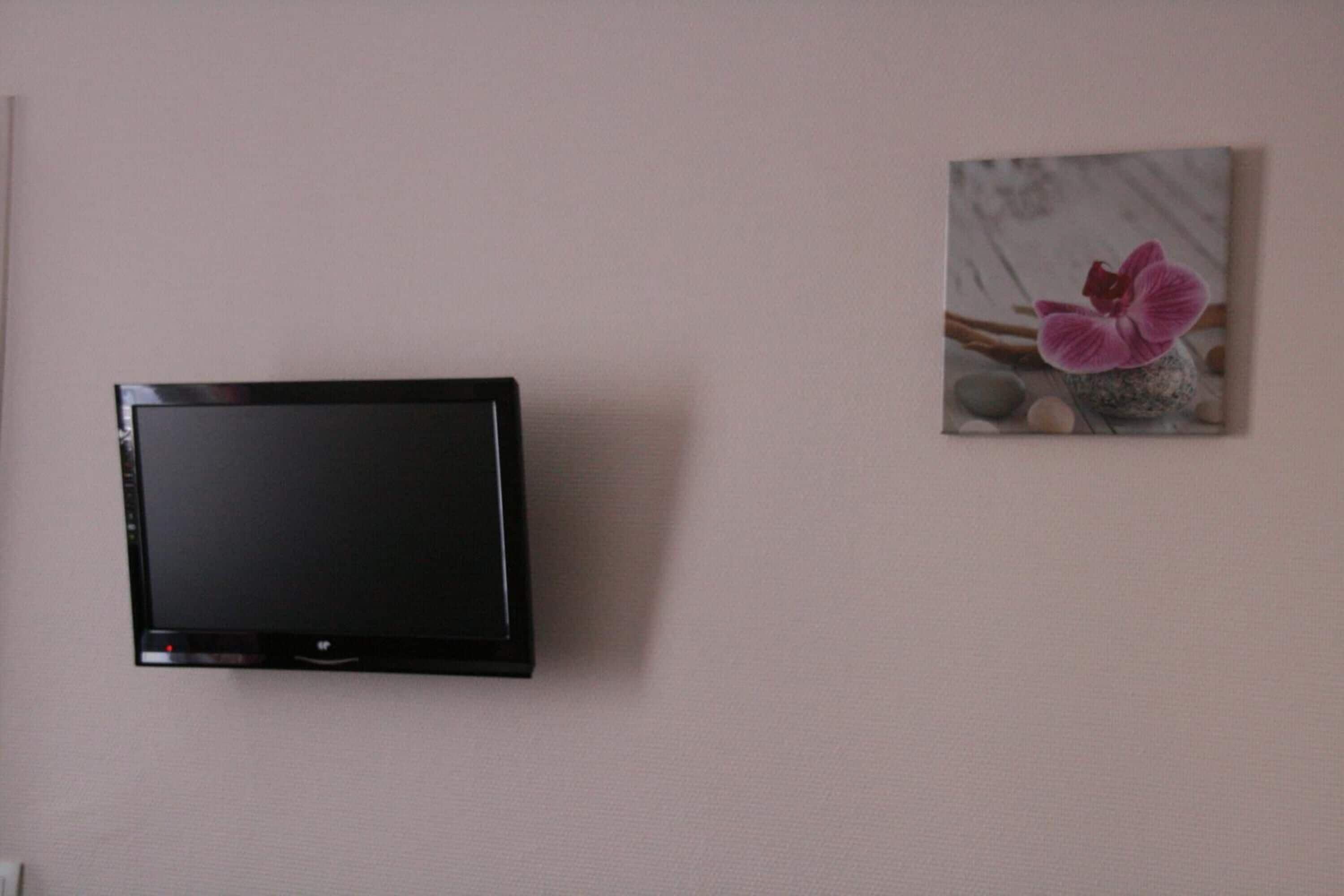 Un televisor de pantalla plana montado en la pared, un cuadro con una flor y un pequeño adorno decorativo.