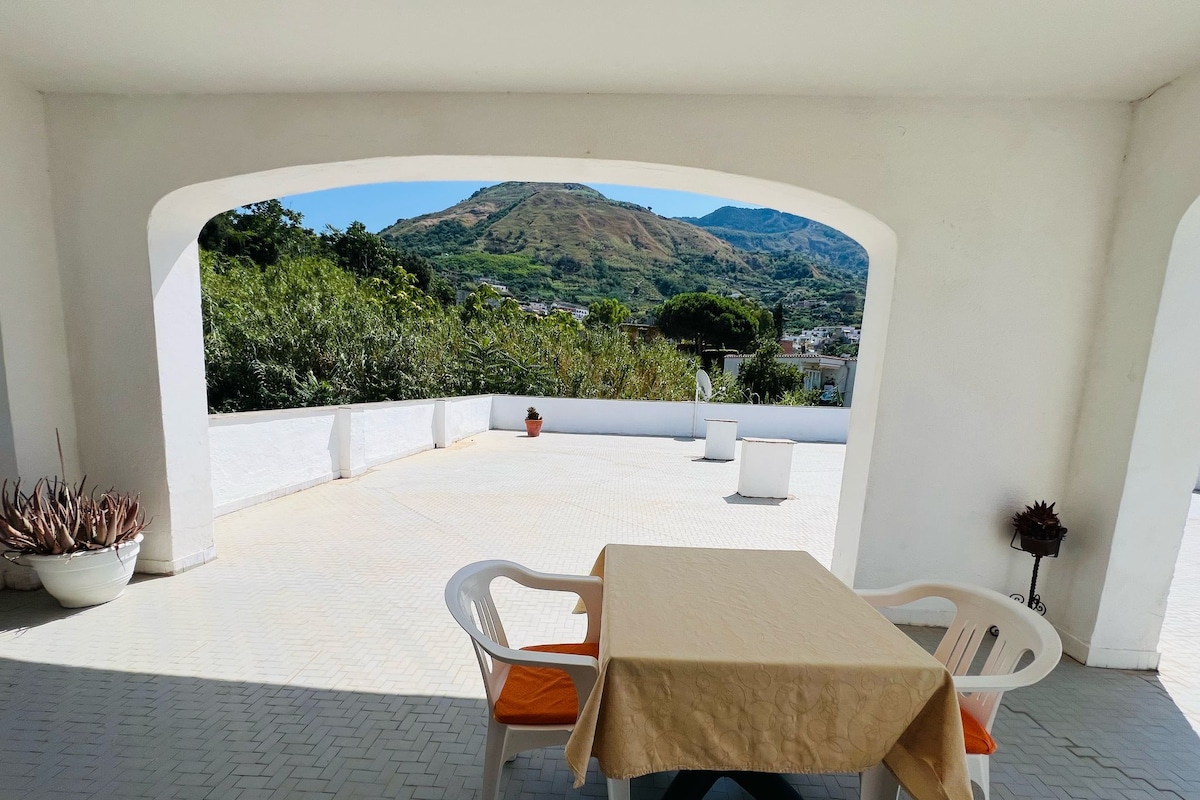 Una terraza con una mesa y sillas, una planta en maceta y vistas a la montaña.