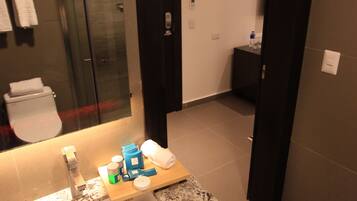 Een moderne badkamer met een granieten aanrechtblad, een spiegel en een zichtbare douche.