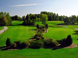 Un campo de golf con césped cuidado, árboles y cielo despejado.