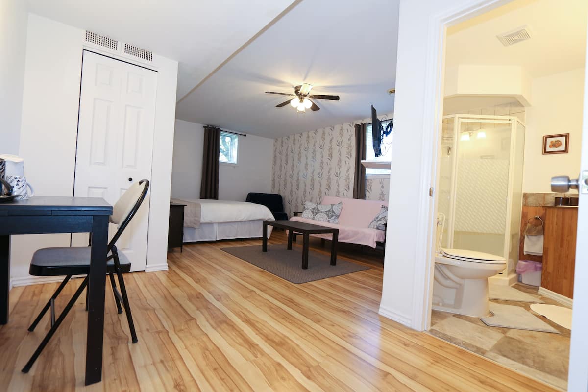A compact living space with a dining area, a sofa, a small table, a ceiling fan, and a bathroom with a shower and toilet.