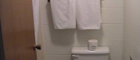 A small, clean bathroom with a toilet, a roll of toilet paper, a trash bin, and a towel rack with two white towels.