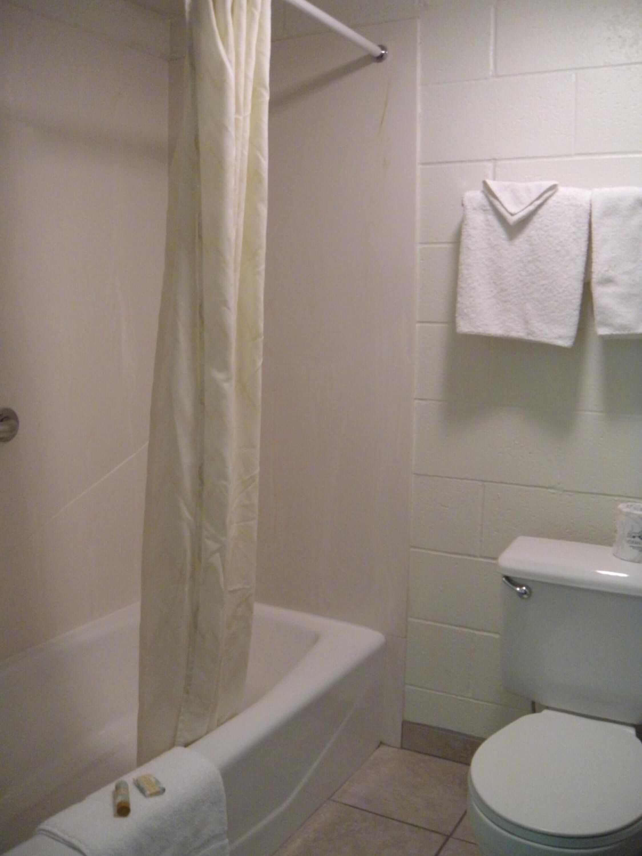 Une salle de bain équipée d’une baignoire, de toilettes et d’un porte-serviettes avec deux serviettes.