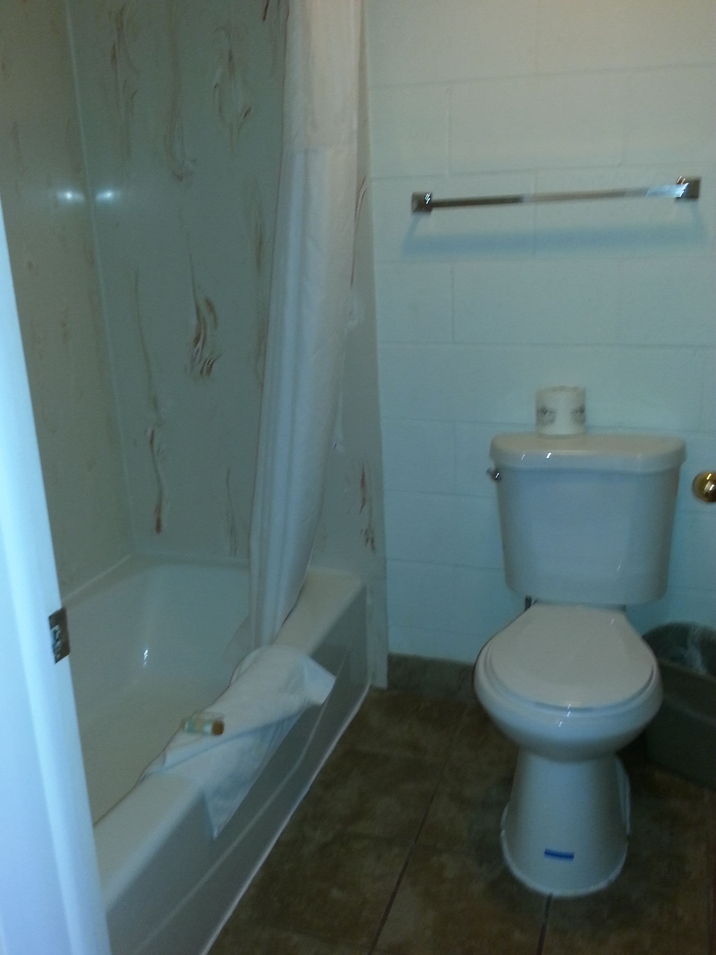 A bathroom with a bathtub, toilet, and shower curtain.