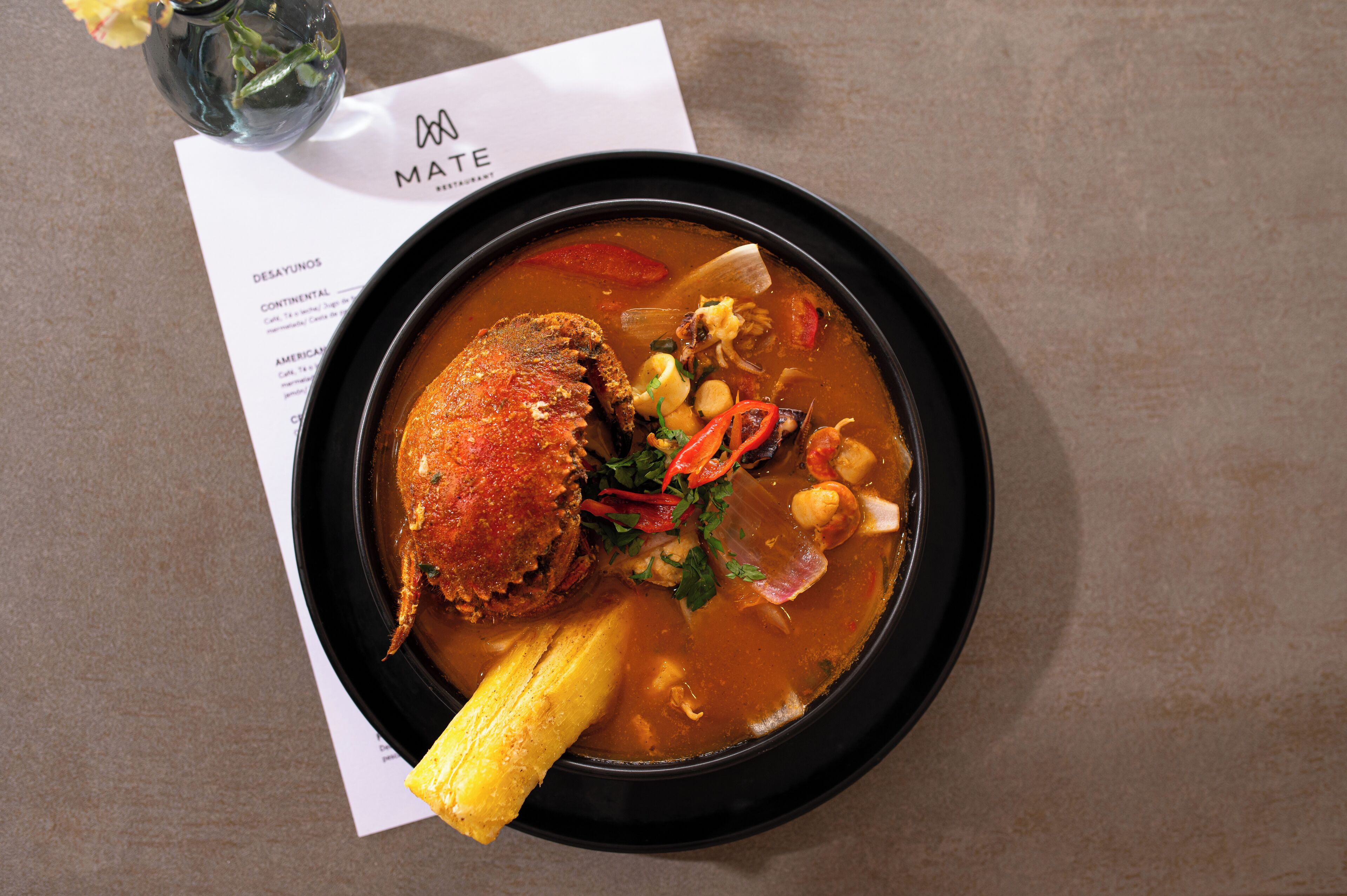 A bowl of soup with a large piece of meat, vegetables, and a garnish on a black plate.