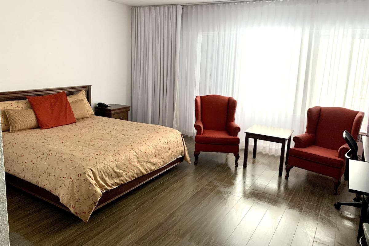 Una habitación de hotel con una cama, dos sillones, una mesita y un escritorio.