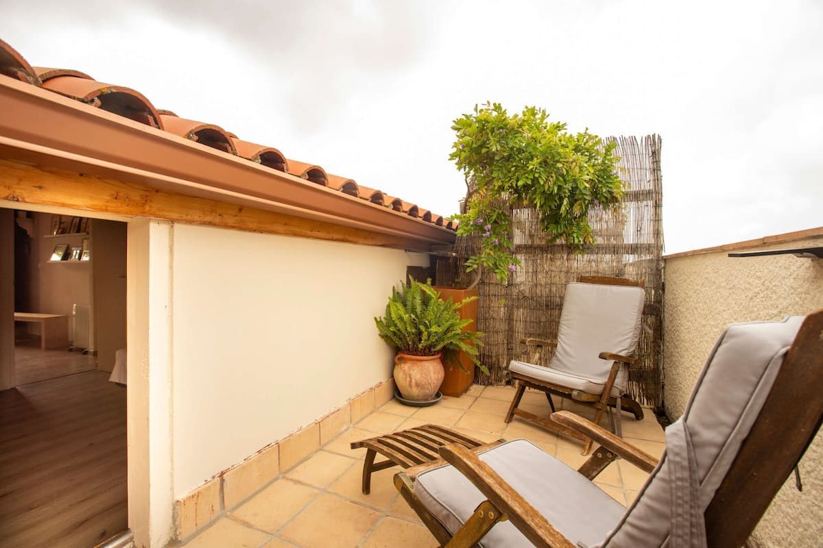 A patio with two wooden chairs, a potted fern, and a bamboo fence.