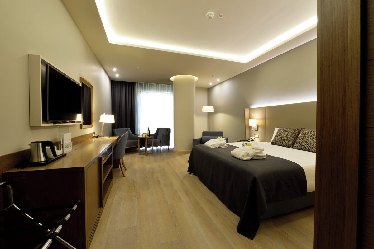 Une chambre d’hôtel avec un lit, un bureau, des chaises, une télévision et une lampe.